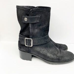 DKNY Black Leather Distressed Buckle Boot